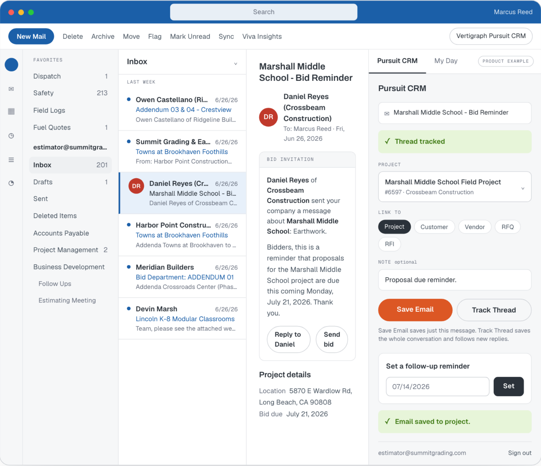 Saving an email thread to a Pursuit project from the inbox add-in
