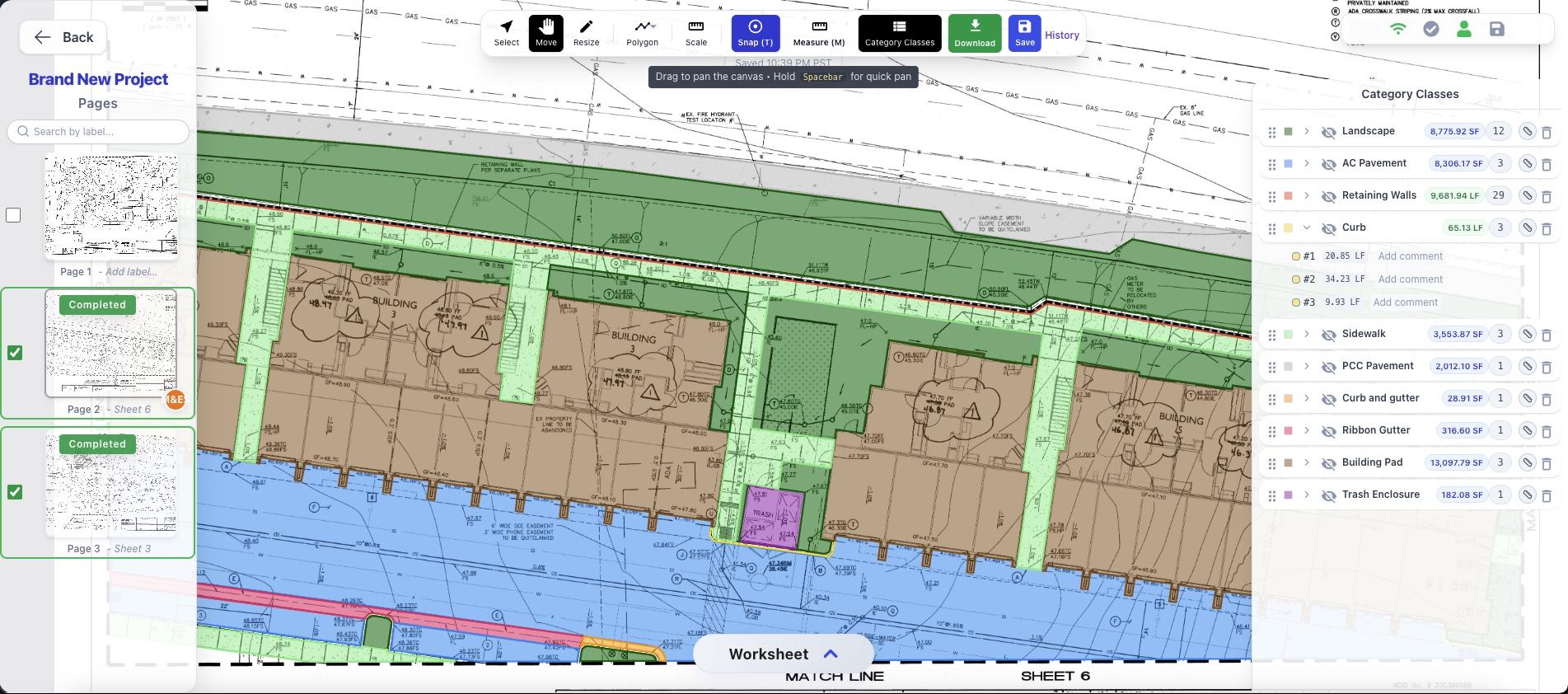 A construction plan open in Bidscreen Cloud while estimators measure quantities together