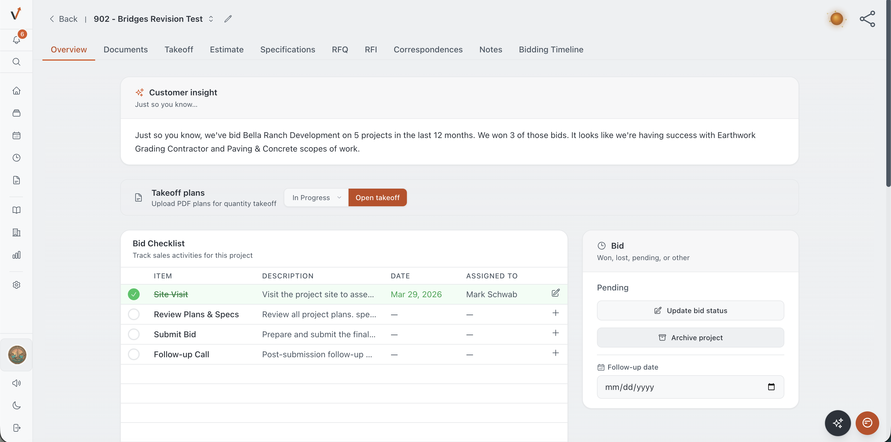 A project's bid command center with AI customer insight and a checklist tracking site visit, plan review, bid submission and follow up